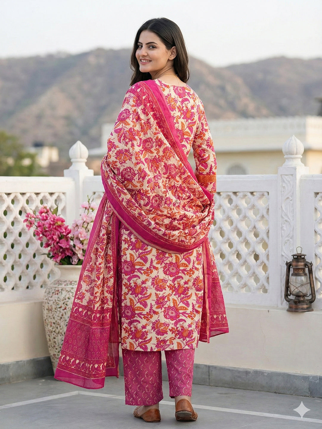 Jaitpuriya Pink Pure Cotton Straight Regular Kurta Set