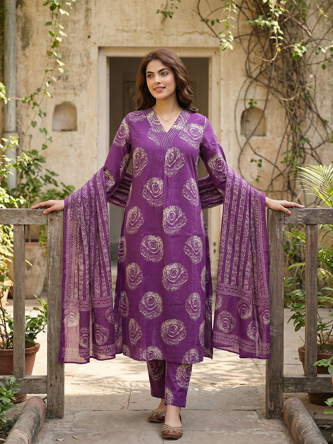 Jaitpuriya Purple Pure Cotton A-line Regular Kurta Set