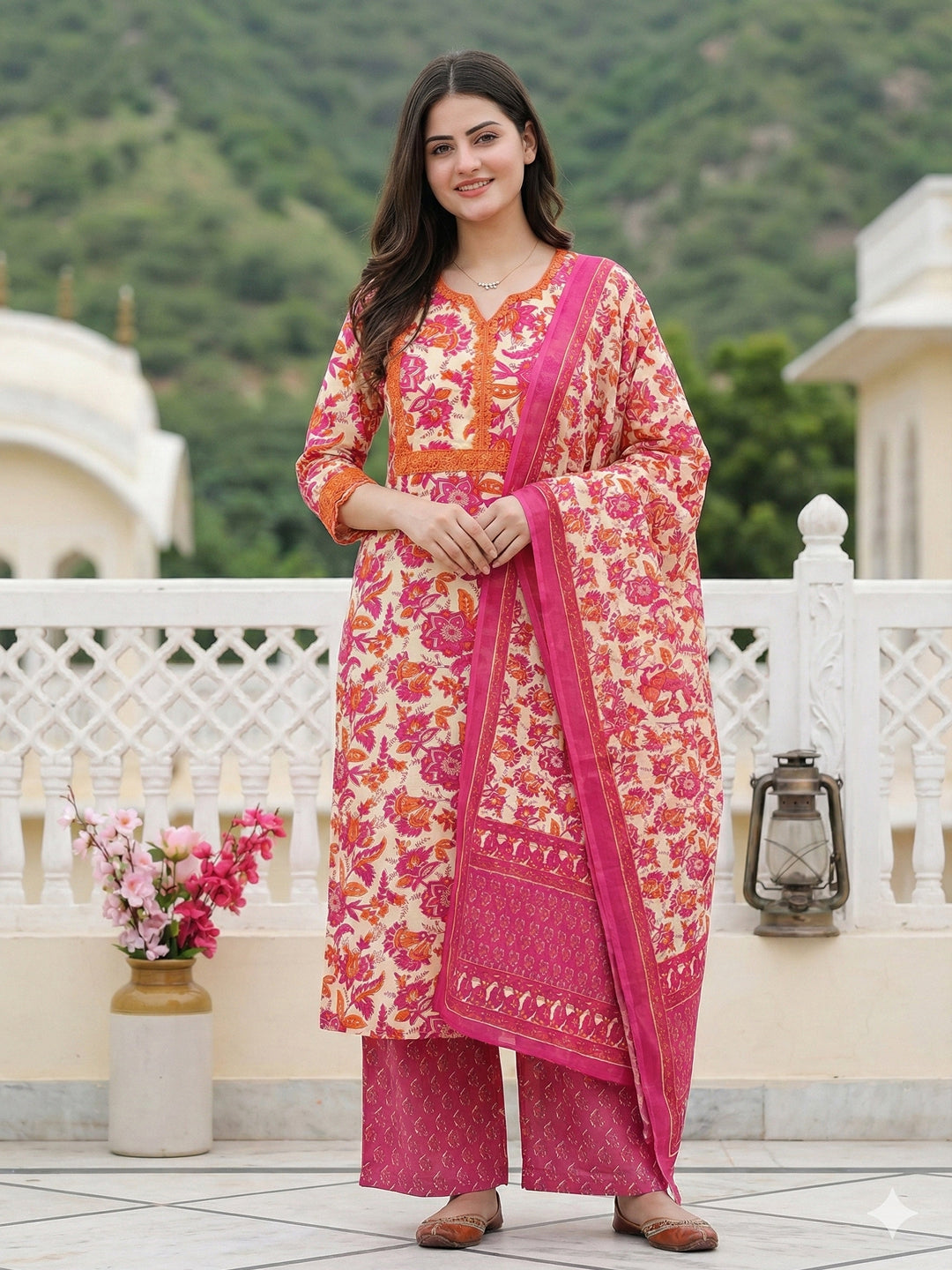 Jaitpuriya Pink Pure Cotton Straight Regular Kurta Set