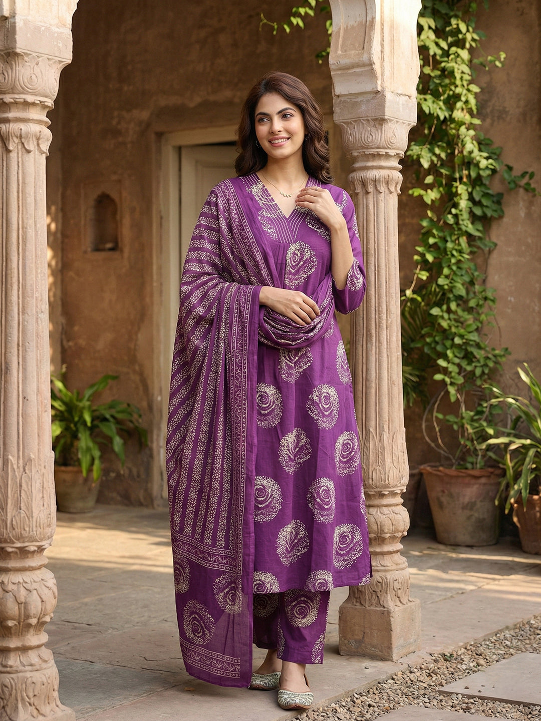 Jaitpuriya Purple Pure Cotton A-line Regular Kurta Set