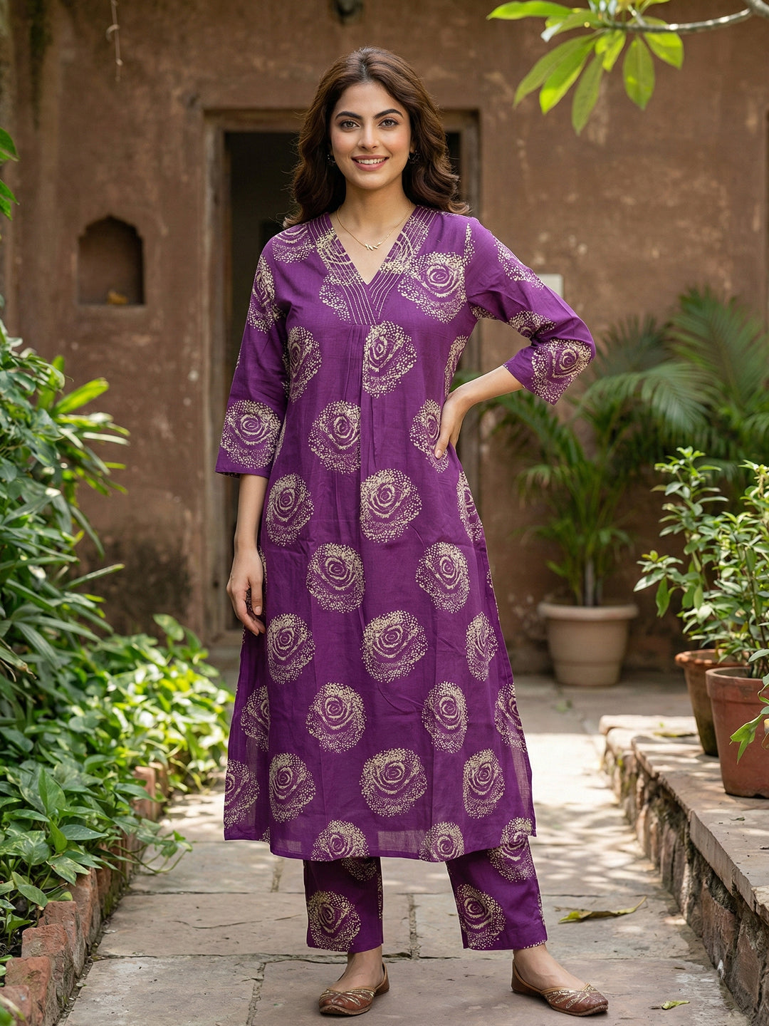 Jaitpuriya Purple Pure Cotton A-line Regular Kurta Set