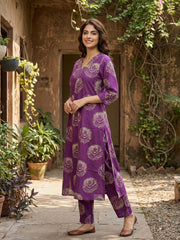 Jaitpuriya Purple Pure Cotton A-line Regular Kurta Set