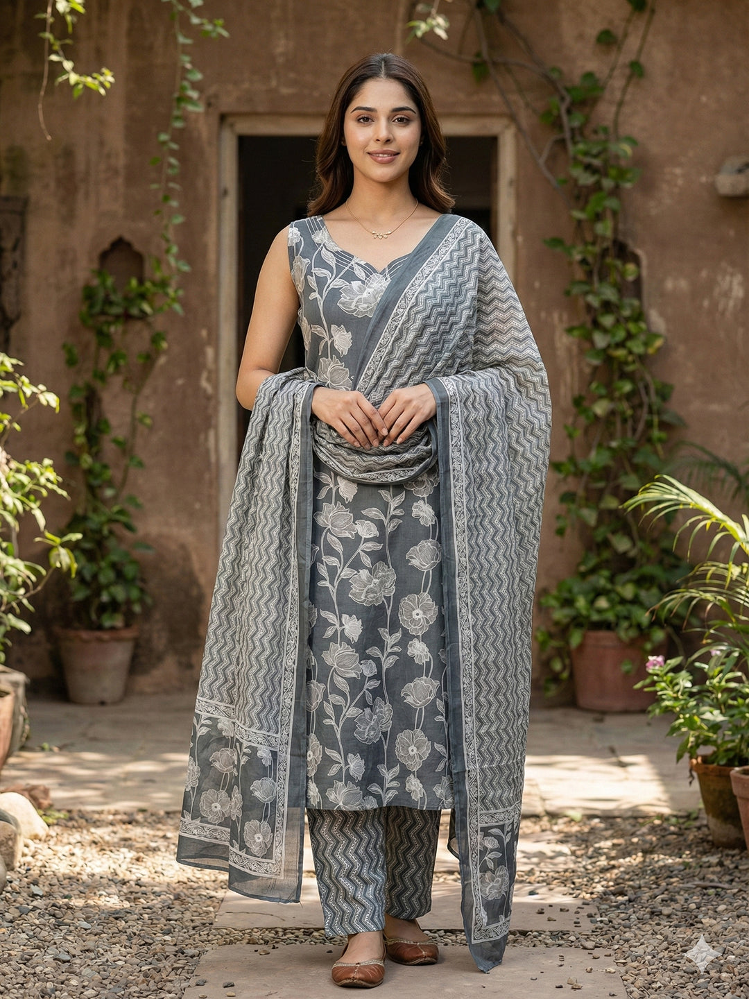Jaitpuriya Grey Pure Cotton Straight Regular Kurta Set