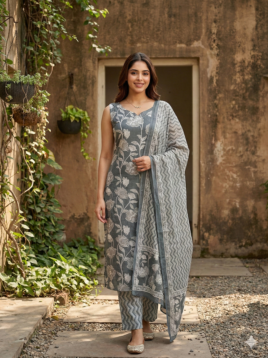 Jaitpuriya Grey Pure Cotton Straight Regular Kurta Set