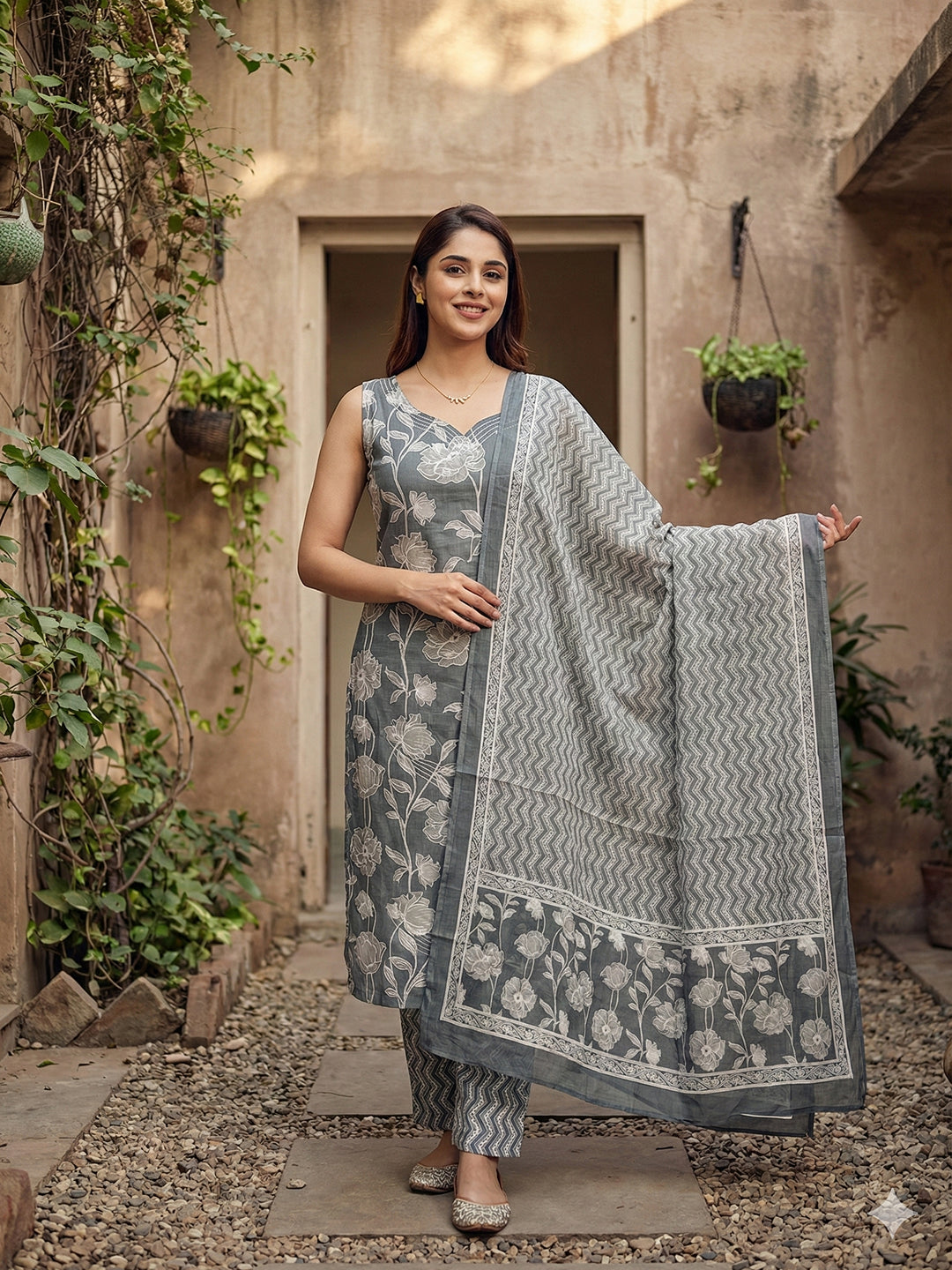 Jaitpuriya Grey Pure Cotton Straight Regular Kurta Set