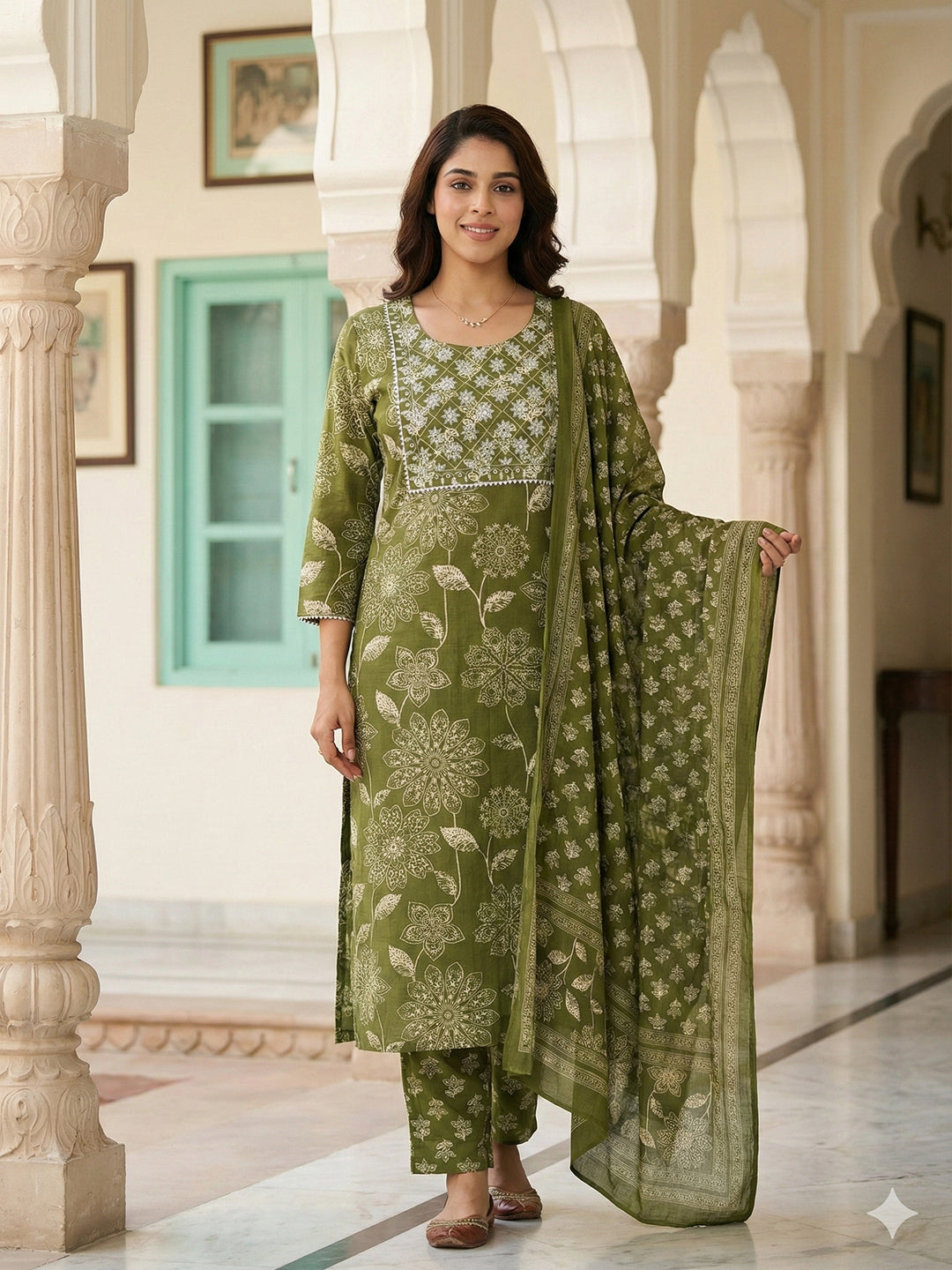 Jaitpuriya Green Pure Cotton Straight Regular Kurta Set