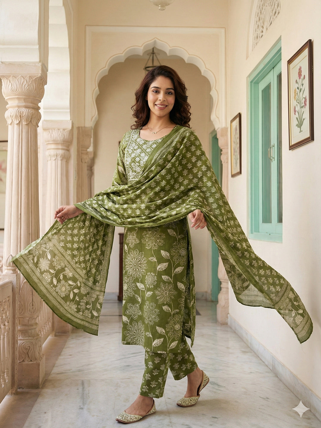 Jaitpuriya Green Pure Cotton Straight Regular Kurta Set