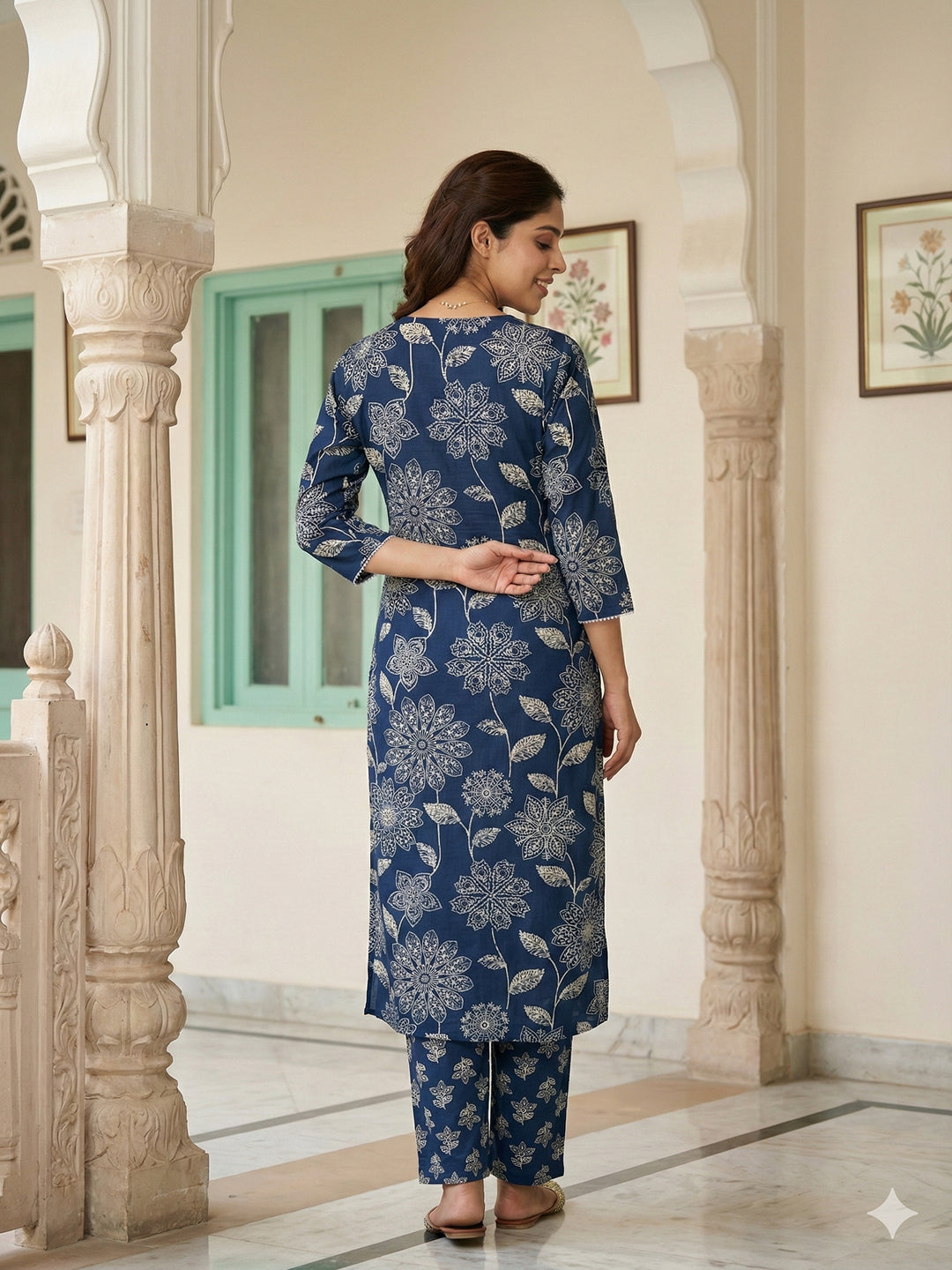 Jaitpuriya Blue Pure Cotton Straight Regular Kurta Set