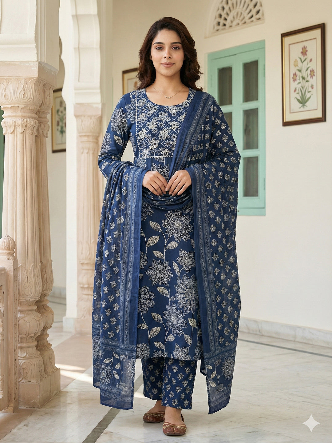 Jaitpuriya Blue Pure Cotton Straight Regular Kurta Set