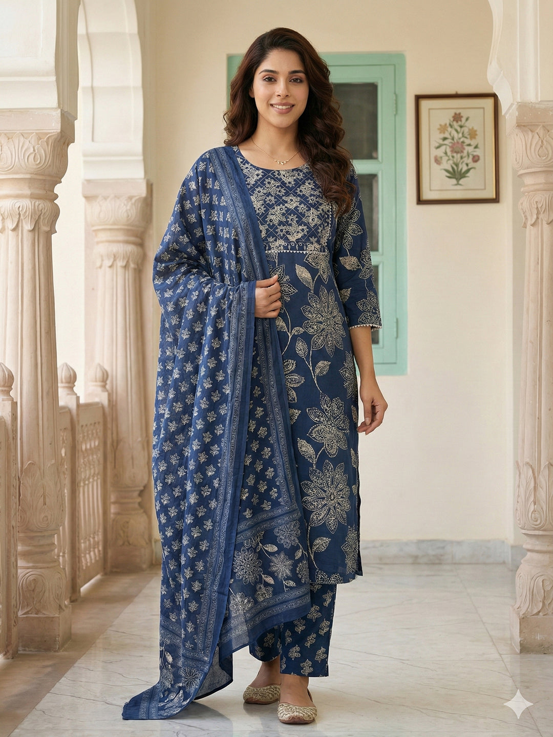 Jaitpuriya Blue Pure Cotton Straight Regular Kurta Set