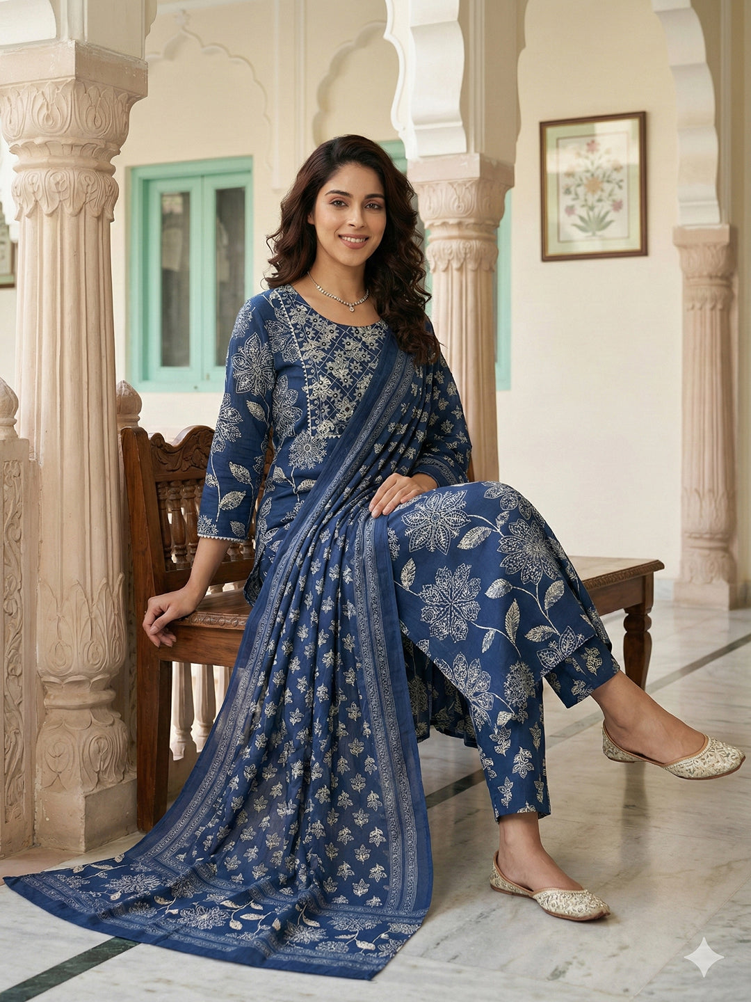 Jaitpuriya Blue Pure Cotton Straight Regular Kurta Set