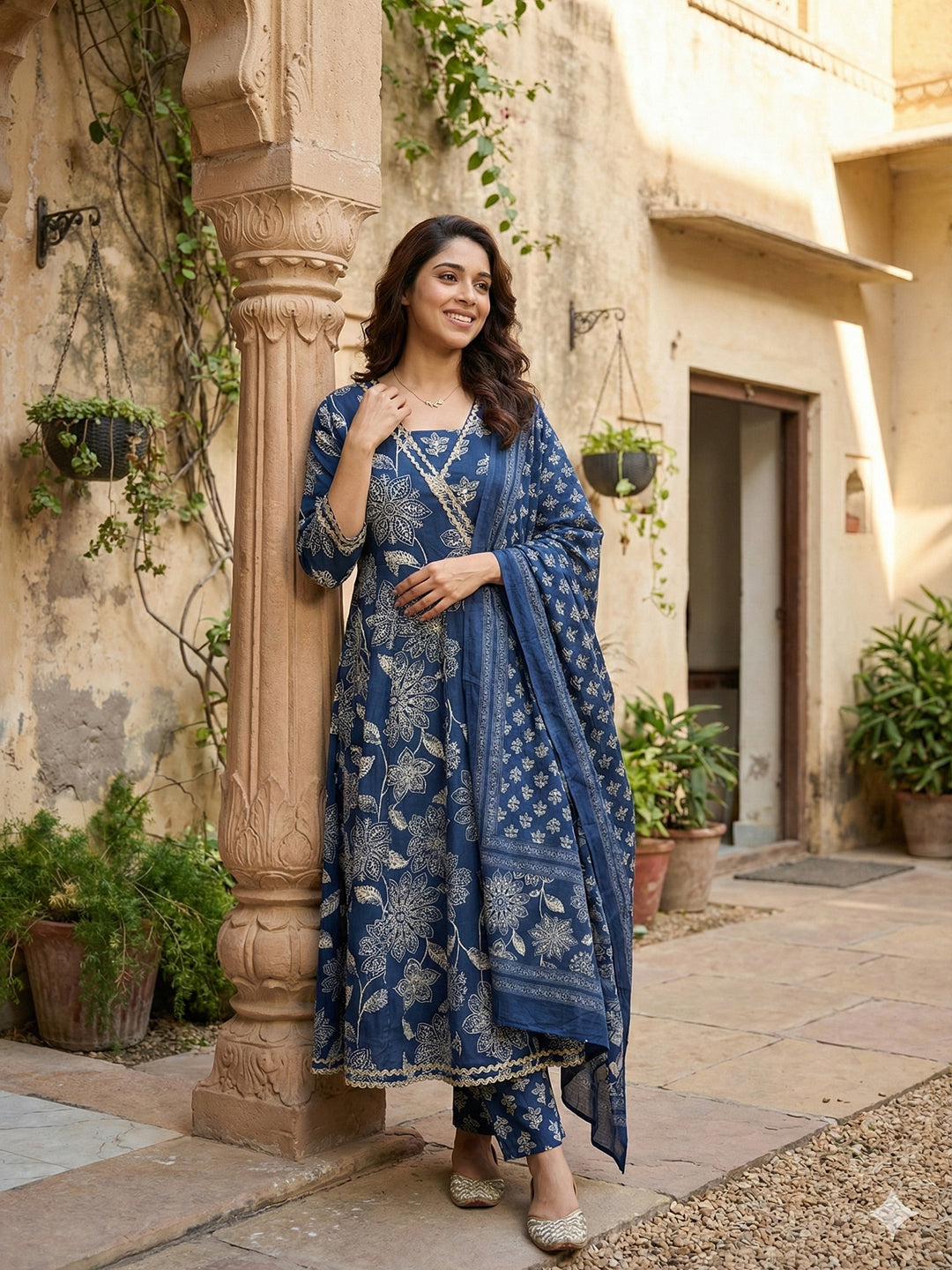 Jaitpuriya Blue Pure Cotton Anarkali Angrakha Kurta Set