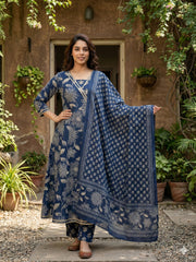 Jaitpuriya Blue Pure Cotton Anarkali Angrakha Kurta Set