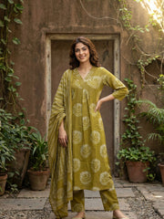 Jaitpuriya Olive Green Pure Cotton A-line Regular Kurta Set