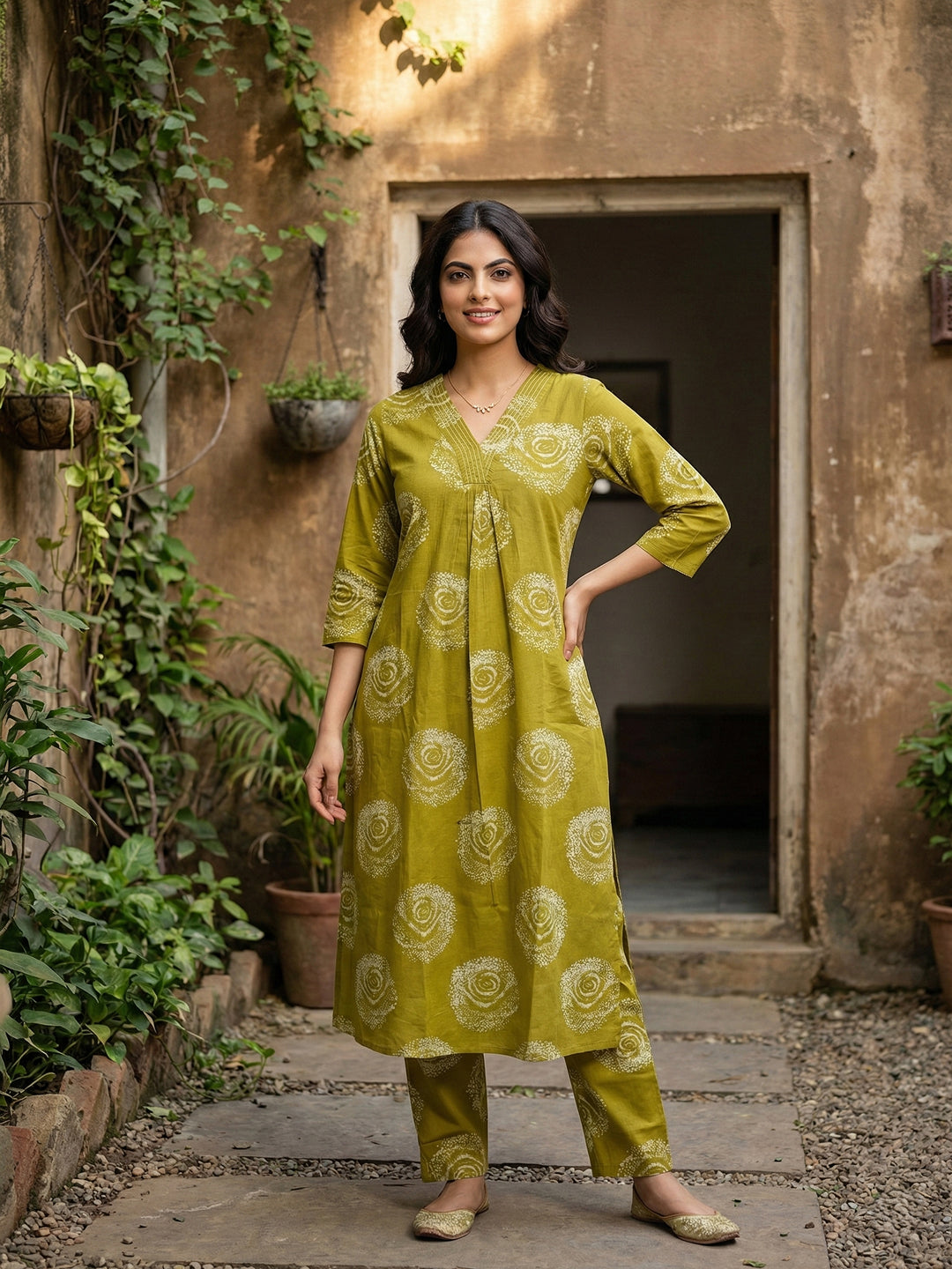 Jaitpuriya Olive Green Pure Cotton A-line Regular Kurta Set