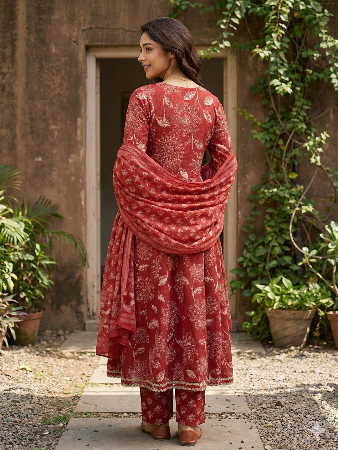 Jaitpuriya Red Pure Cotton Anarkali Angrakha Kurta Set
