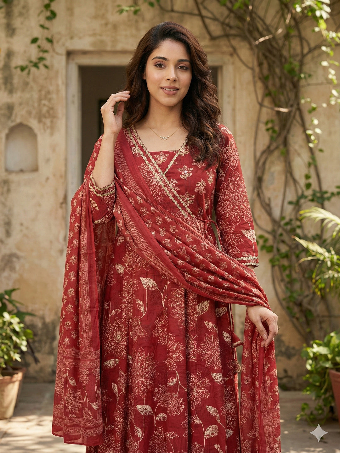 Jaitpuriya Red Pure Cotton Anarkali Angrakha Kurta Set