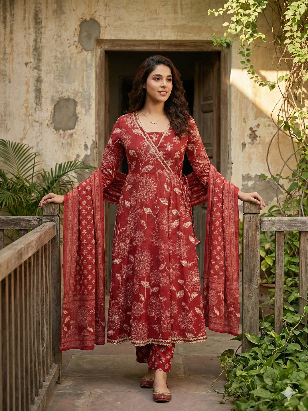 Jaitpuriya Red Pure Cotton Anarkali Angrakha Kurta Set
