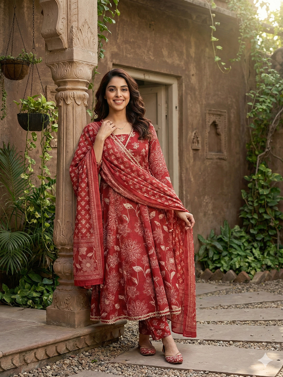 Jaitpuriya Red Pure Cotton Anarkali Angrakha Kurta Set
