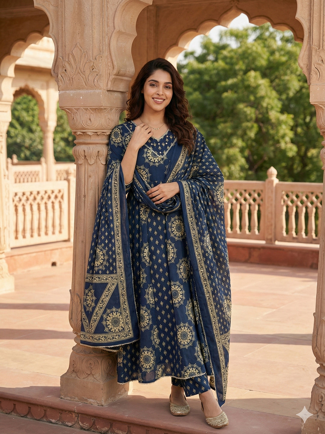 Jaitpuriya Blue Pure Cotton Anarkali Regular Kurta Set