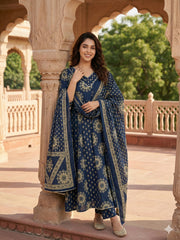 Jaitpuriya Blue Pure Cotton Anarkali Regular Kurta Set
