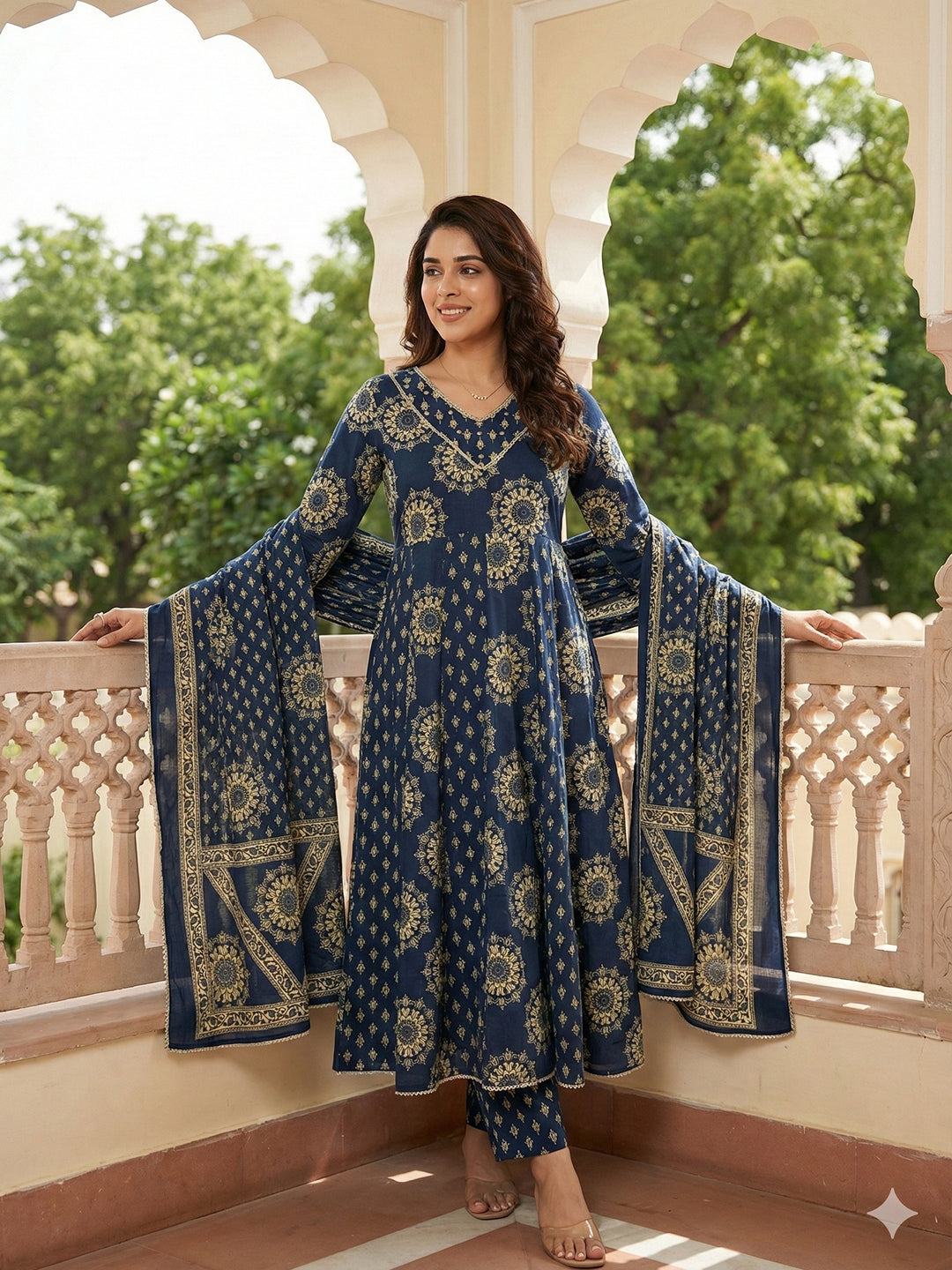 Jaitpuriya Blue Pure Cotton Anarkali Regular Kurta Set