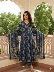 Jaitpuriya Blue Pure Cotton Anarkali Regular Kurta Set