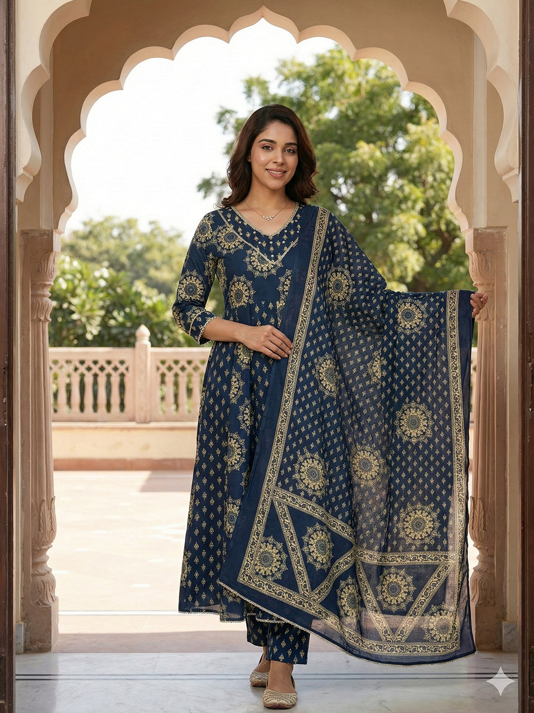 Jaitpuriya Blue Pure Cotton Anarkali Regular Kurta Set