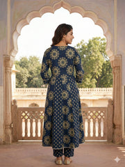Jaitpuriya Blue Pure Cotton Anarkali Regular Kurta Set