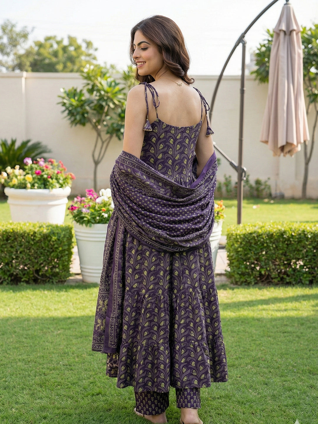 Jaitpuriya Purple Pure Cotton Anarkali Pleated Tierd Kurta Set