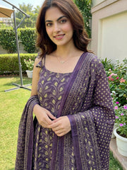 Jaitpuriya Purple Pure Cotton Anarkali Pleated Tierd Kurta Set