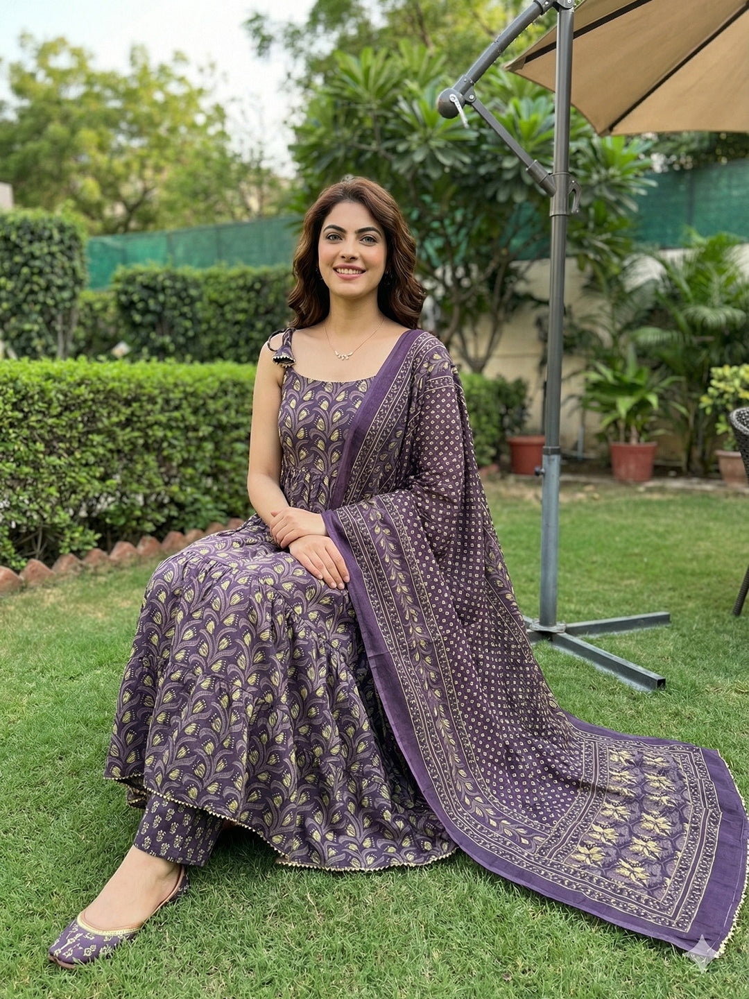 Jaitpuriya Purple Pure Cotton Anarkali Pleated Tierd Kurta Set