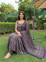 Jaitpuriya Purple Pure Cotton Anarkali Pleated Tierd Kurta Set