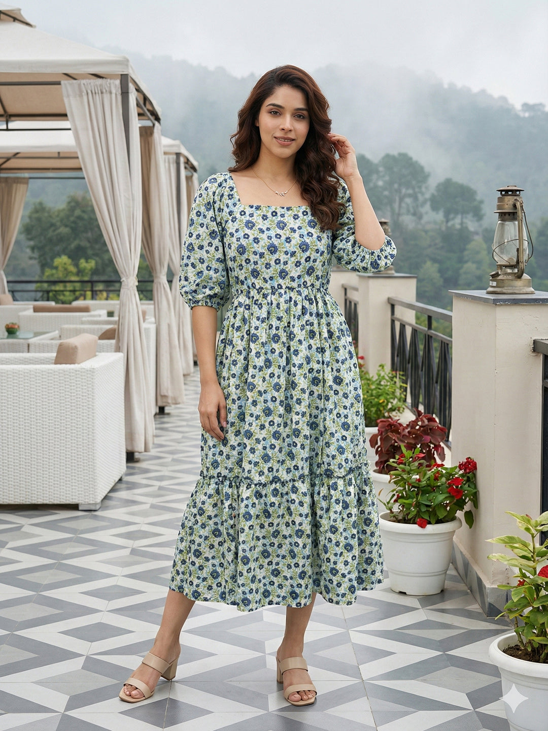 Jaitpuriya Blue And White Pure Cotton Fit & flare Gathered or Pleated Tierd Dresses
