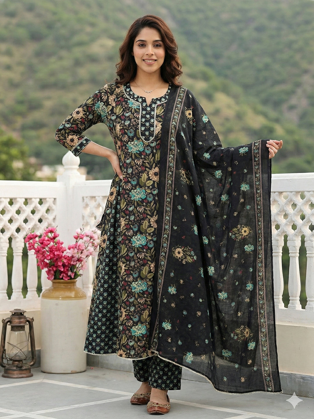 Jaitpuriya Black And Green Pure Cotton Anarkali Regular Kurta Set