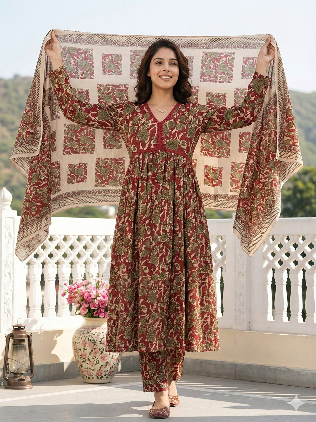 Jaitpuriya Red And Cream Pure Cotton Anarkali Pleated Kurta Set