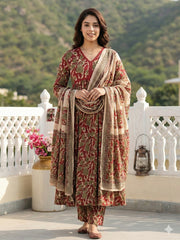 Jaitpuriya Red And Cream Pure Cotton Anarkali Pleated Kurta Set