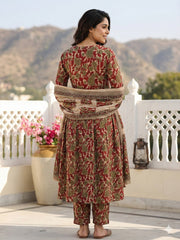 Jaitpuriya Red And Cream Pure Cotton Anarkali Pleated Kurta Set