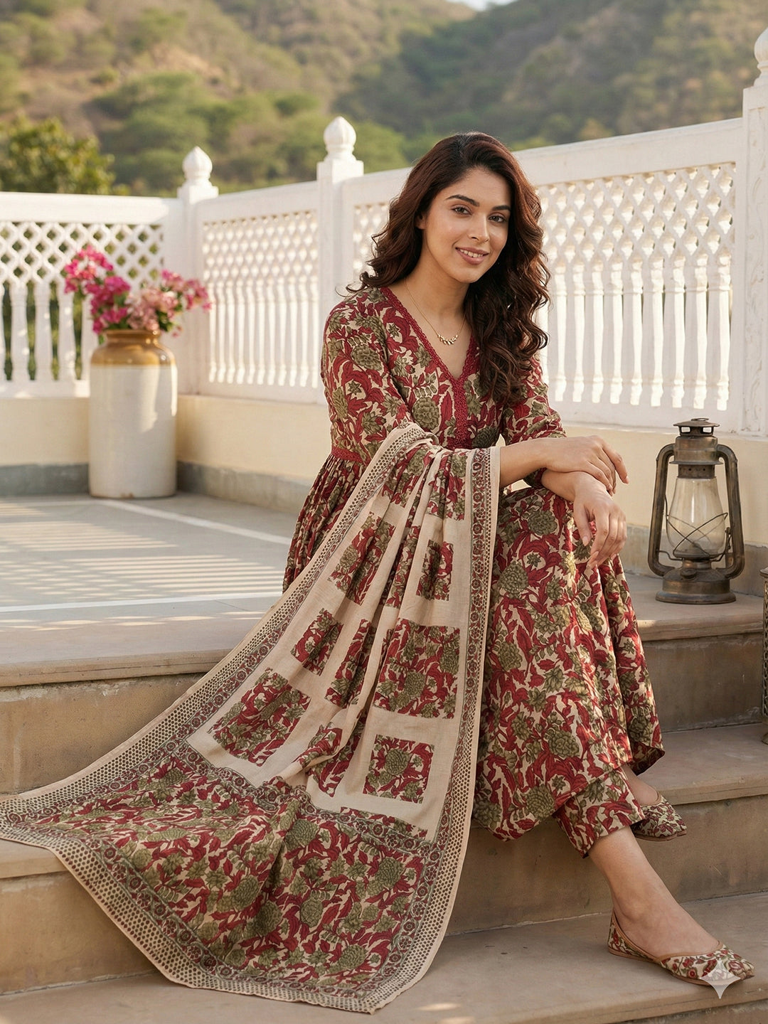 Jaitpuriya Red And Cream Pure Cotton Anarkali Pleated Kurta Set