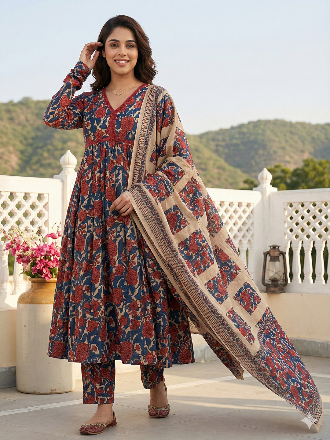 Jaitpuriya Blue And Cream Pure Cotton Anarkali Pleated Kurta Set
