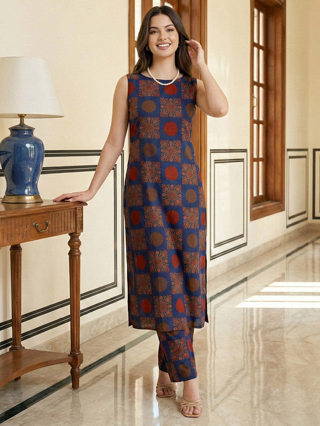 Jaitpuriya BLUE Pure Cotton Straight Regular Kurta Set