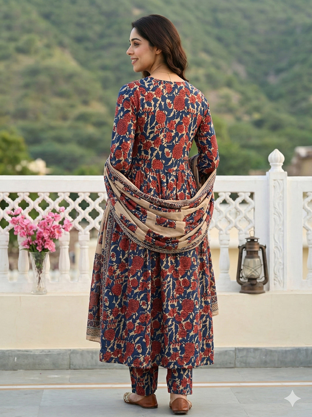 Jaitpuriya Blue And Cream Pure Cotton Anarkali Pleated Kurta Set