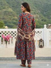 Jaitpuriya Blue And Cream Pure Cotton Anarkali Pleated Kurta Set