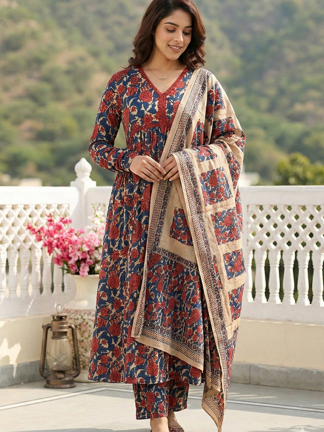 Jaitpuriya Blue And Cream Pure Cotton Anarkali Pleated Kurta Set
