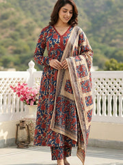 Jaitpuriya Blue And Cream Pure Cotton Anarkali Pleated Kurta Set