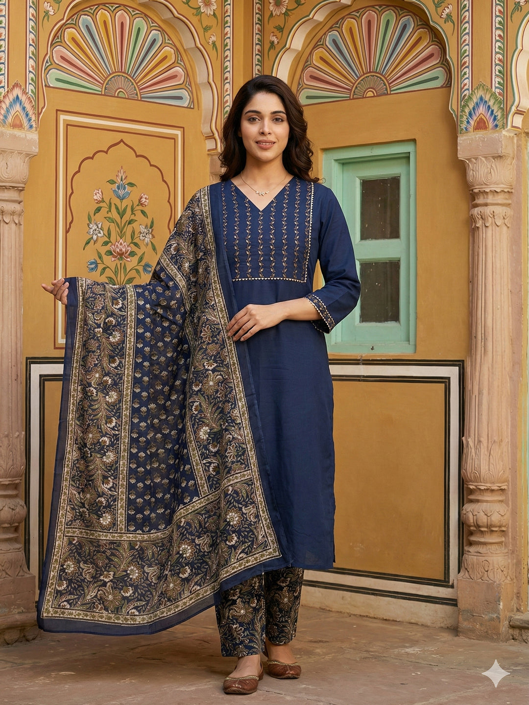 Jaitpuriya Blue Pure Cotton Straight Regular Kurta Set