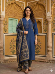 Jaitpuriya Blue Pure Cotton Straight Regular Kurta Set