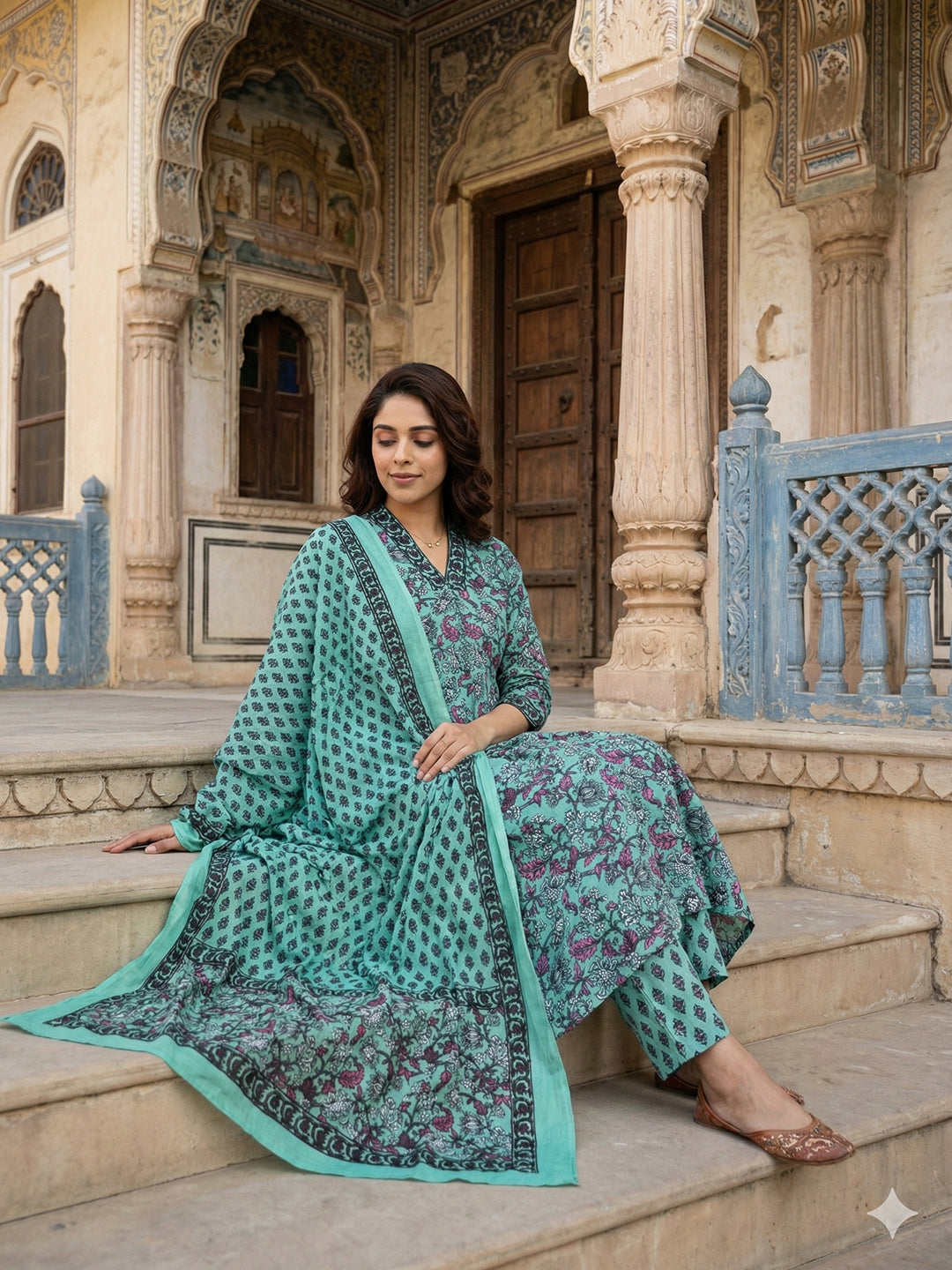 Jaitpuriya Teal Green Pure Cotton A-line Regular Kurta Set
