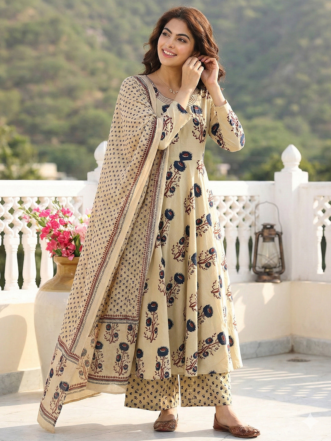 Jaitpuriya Blue And Beige Pure Cotton Anarkali Regular Kurta Set