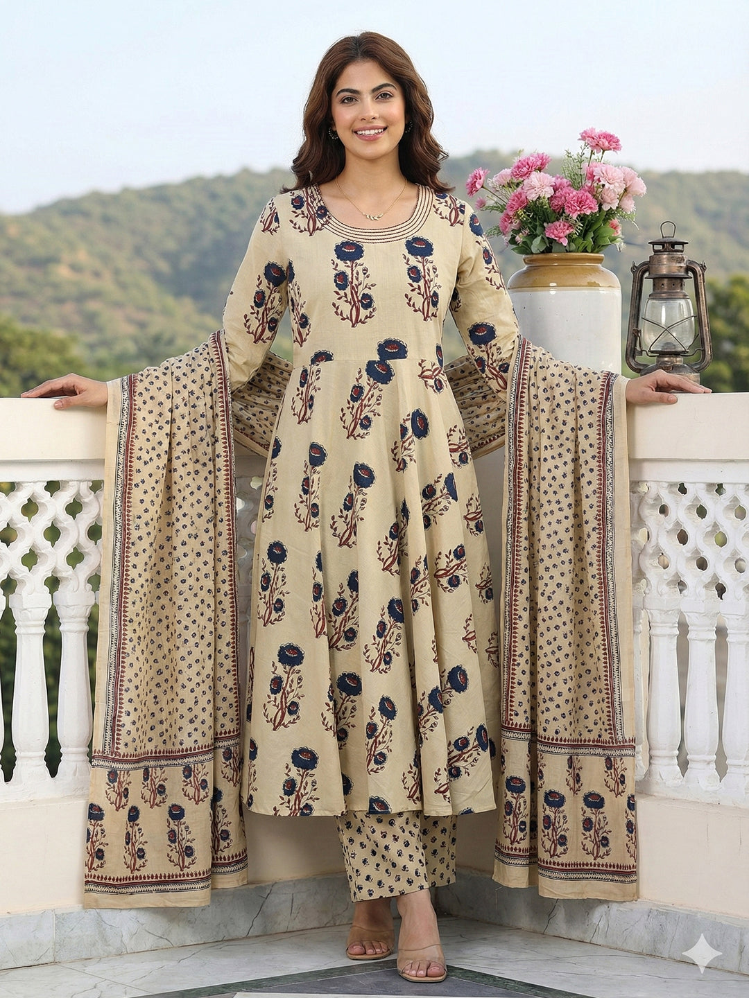 Jaitpuriya Blue And Beige Pure Cotton Anarkali Regular Kurta Set